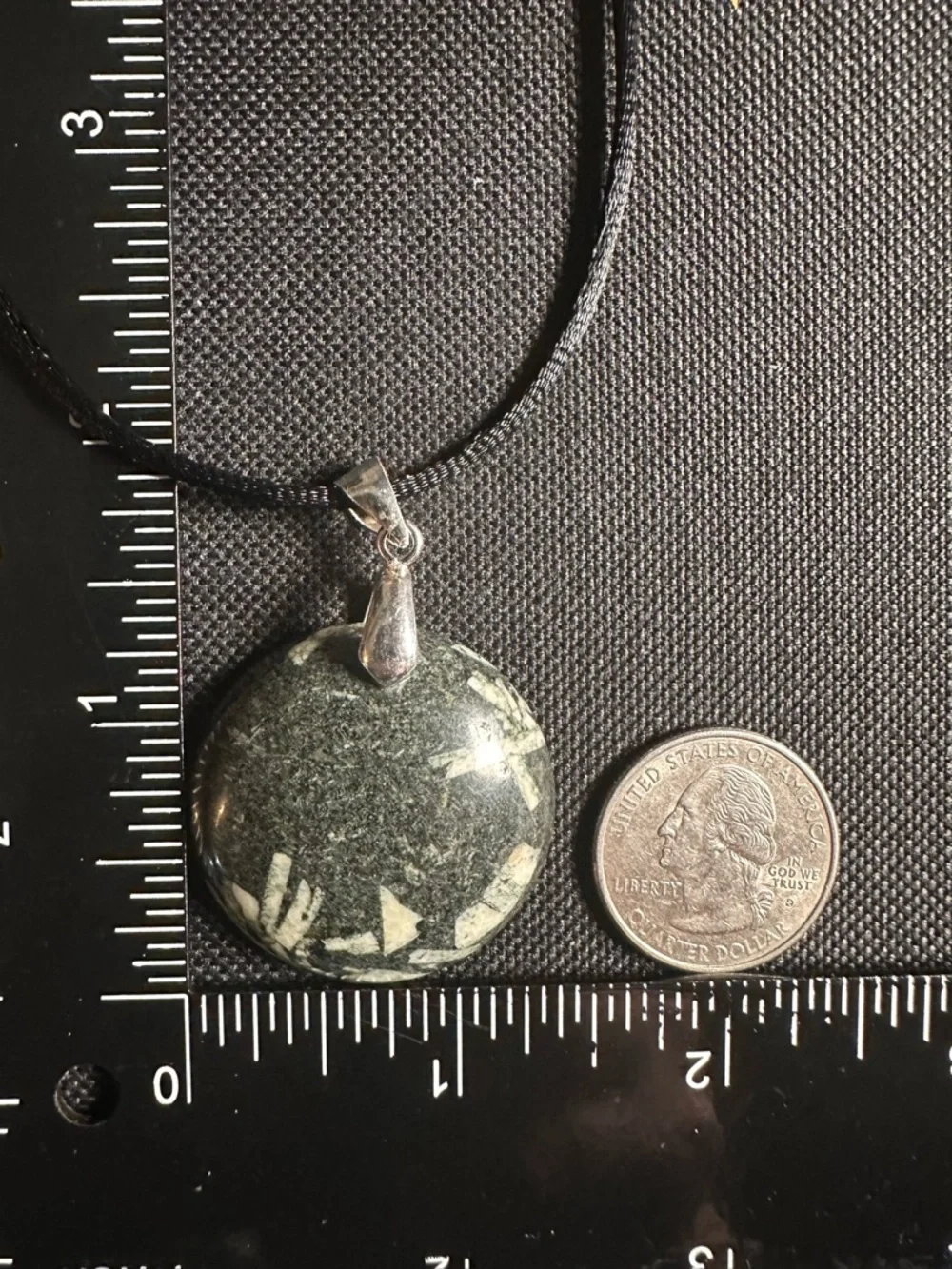 Round Chinese Writing Stone Pendant Necklace on Black Rope, Sterling Silver